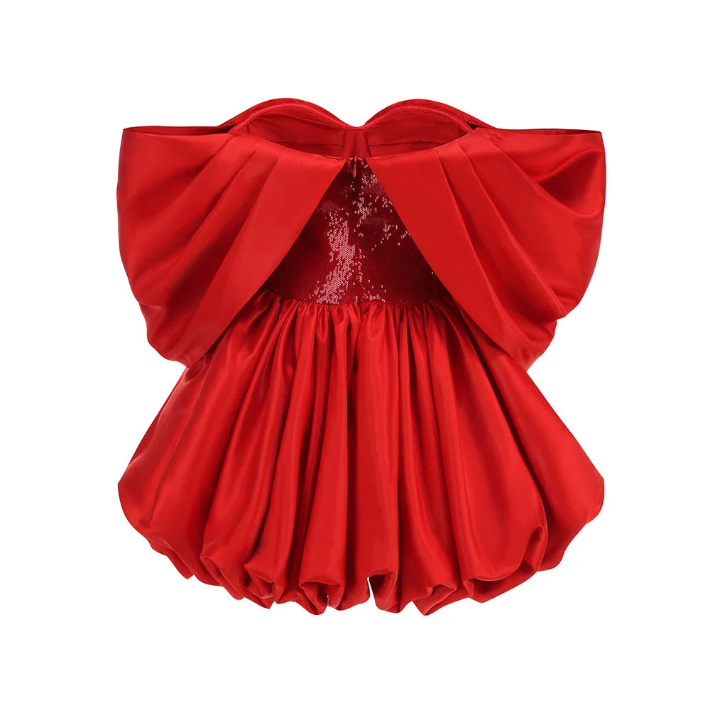New Spring Red Color Women Sexy Strapless Ball Gowm Mini Shinning Sequins Dress Celebrate Birthday Party Christmas Dress
