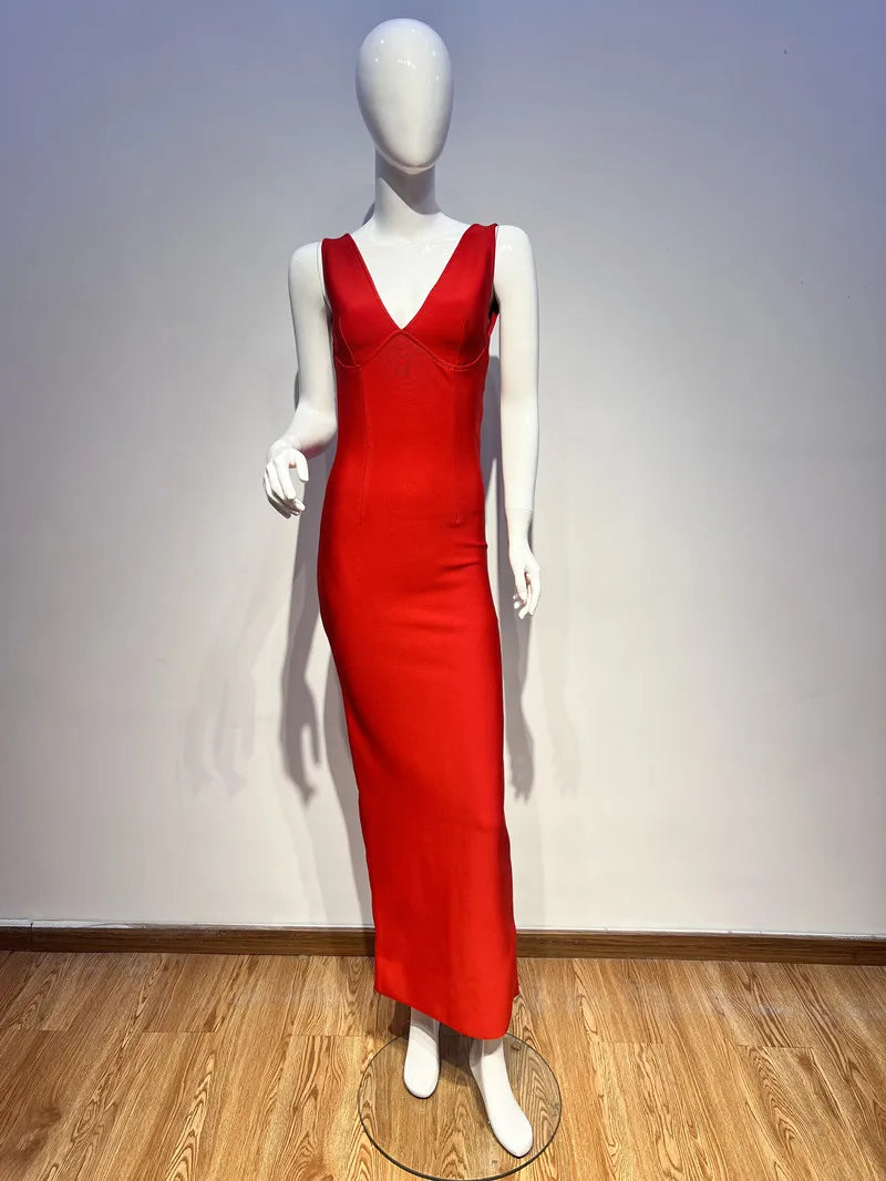 Red Color Women Sleeveless V-Neck Backless Bodycon Long Bandage Dress Celebrate Evening Party Birthday Outfit Vestido
