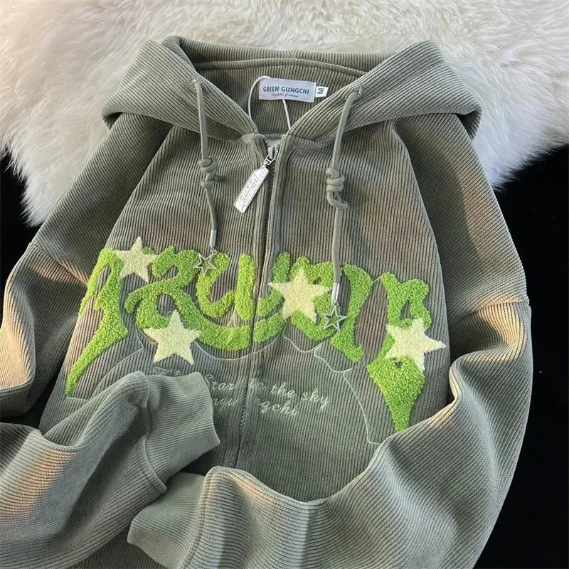 Y2k Zip Up Hoodie Women Spring Retro Embroidered Letter Loose Long Sleeve Tops 2025 Casual Hooded Sweatshirts Harajuku Jackets