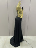 Gold Color Sexy Laced-up Tops 2 Pieces Set Long Dress Women Celebrate Evening Party Celebrity Elegant Dress