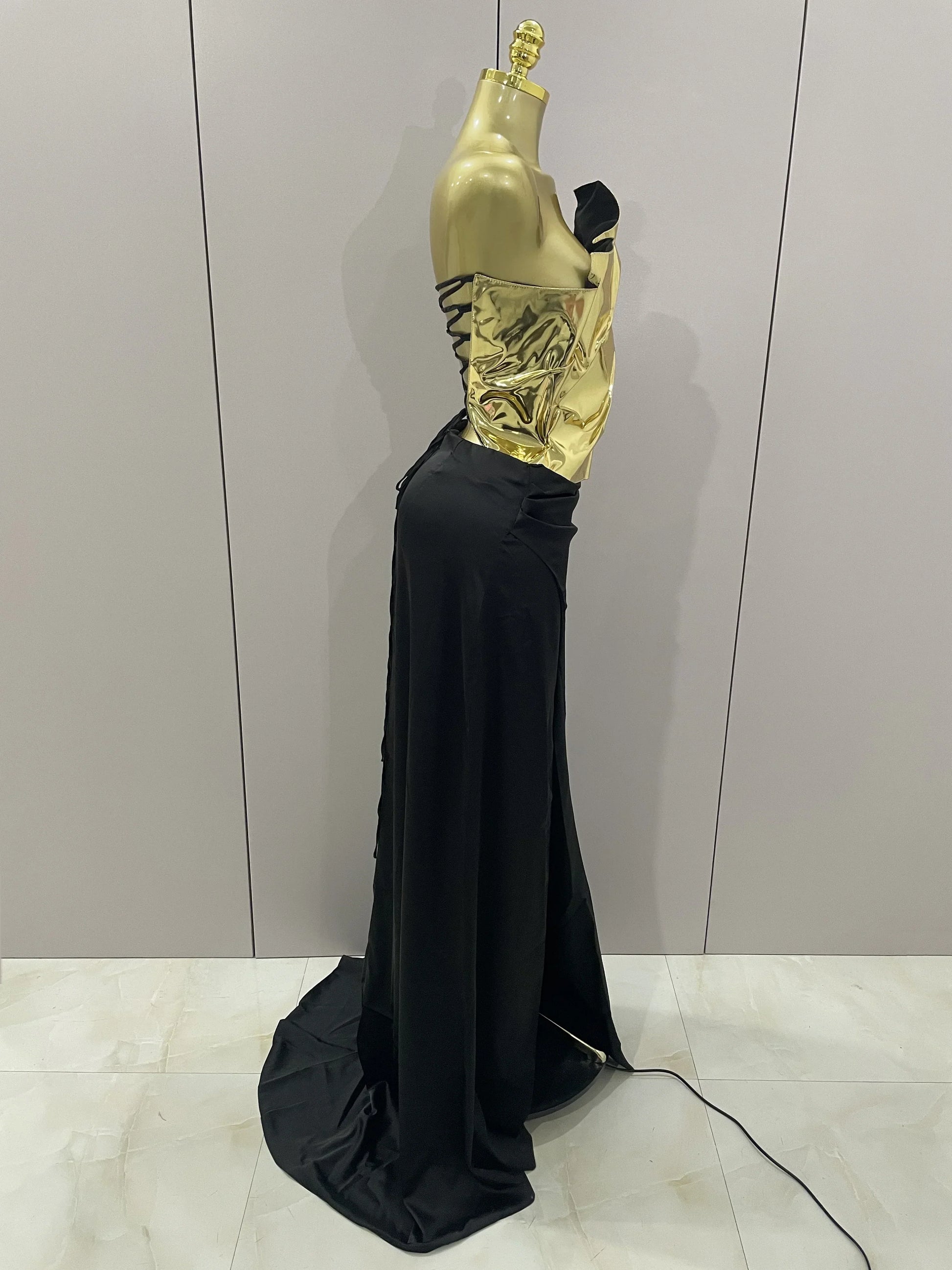 Gold Color Sexy Laced-up Tops 2 Pieces Set Long Dress Women Celebrate Evening Party Celebrity Elegant Dress