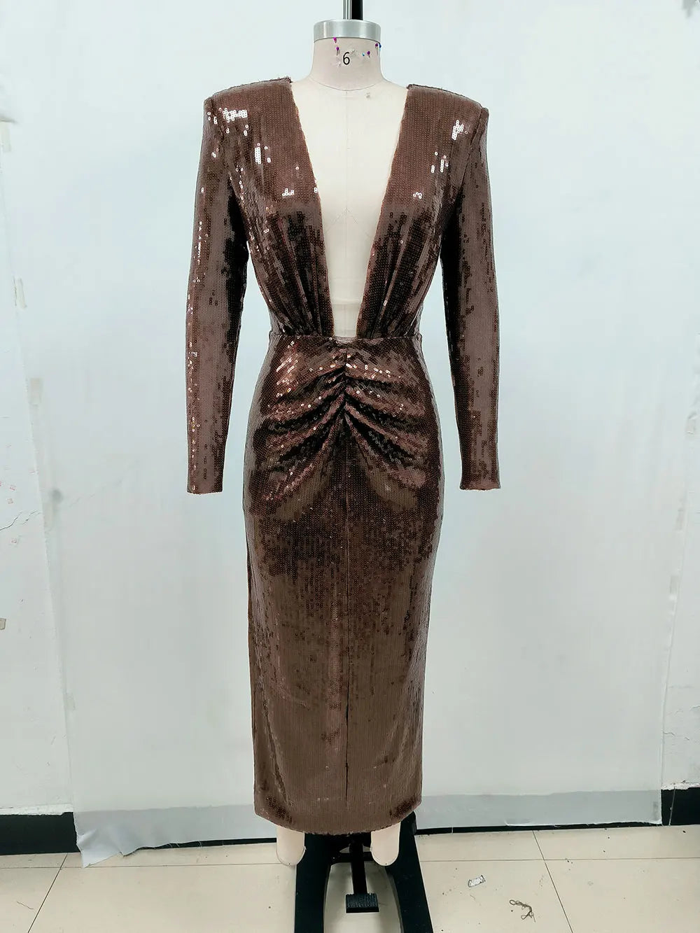 2024 Sexy Women'S Light Luxury Dark Brown Sequined Dress Deep V-Neck Long Sleeved Bodycon Draped Midi Dresses Christmas Vestidos