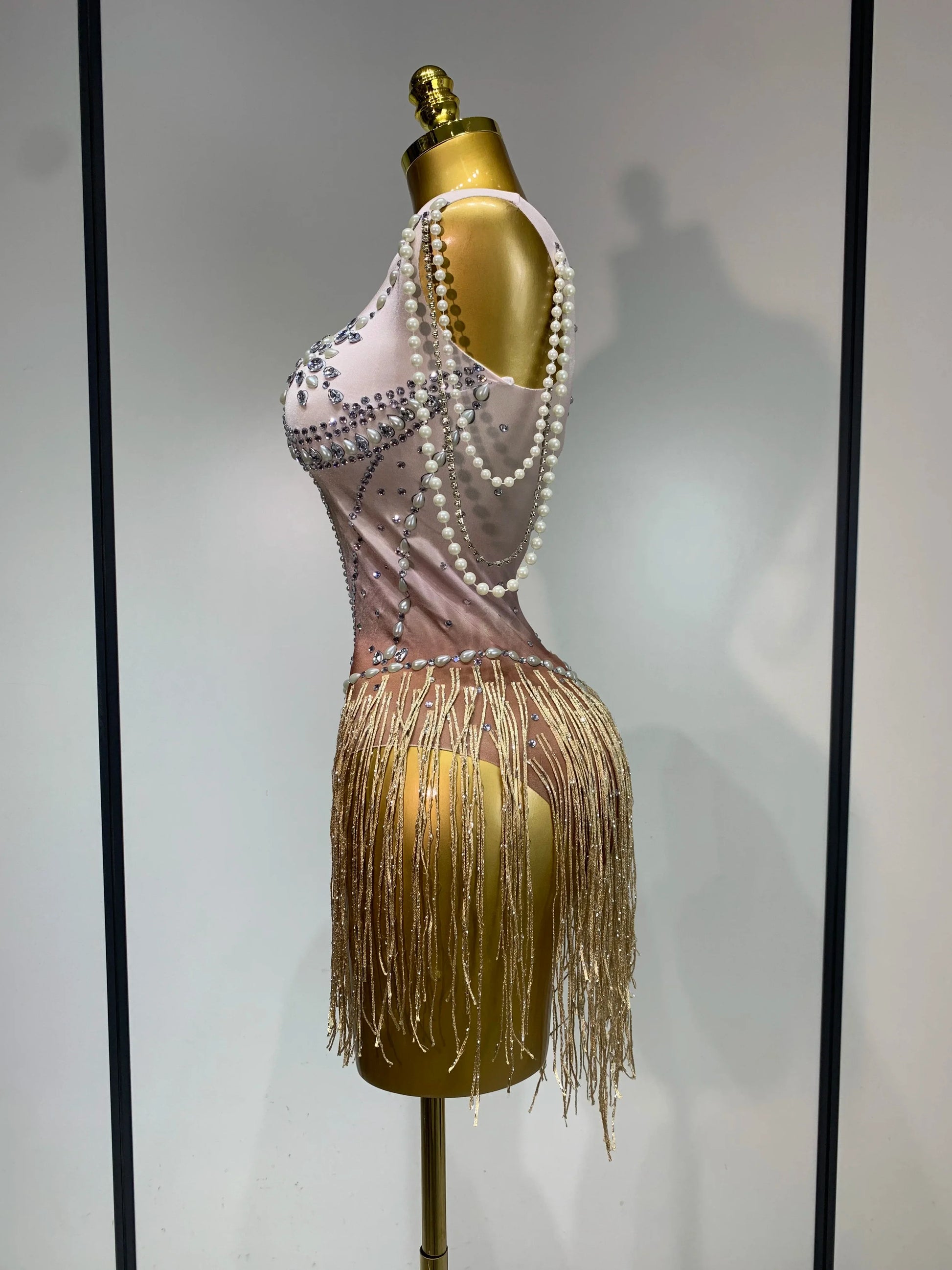 Women Sexy Stage Performance Fringe Leotard Shiny Crystal Sleeveless Tight Bodysuit Evening Party Nightclub Drag Queen Costume