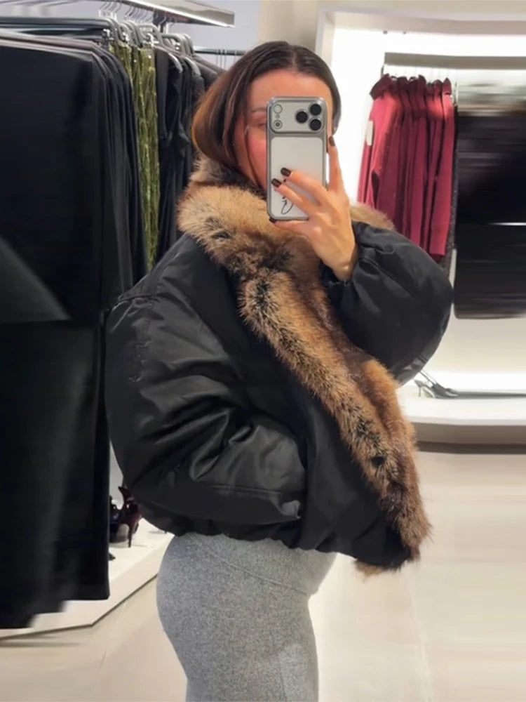 Women's Coats Faux Fur Collar Patchwork Short Jacket Street Female V-neck Lantern Sleeve Loose Warm Coat Chic Lady New Outerwear