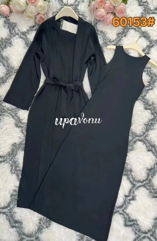 Women's Knitted Long Dress Sets with Polo Collar Long Sleeves Waistband Tie up Cardigan Long Coat+Sleeveless Dress Two Piece Set black