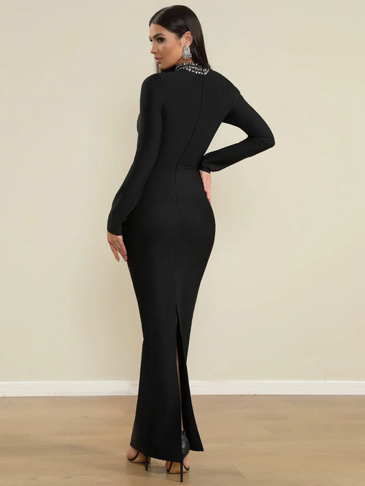 2025 Spring Women Bead Design Bandage Long Dress Stand Collar Long Sleeve Chiffon Patchwork Bodycon Dress Evening Party Vestidos