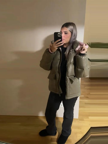 Stand Collar Hooded Loose Padded Jacket Women Casual Solid Long Sleeve Zipper Pocket Autumn Winter Coats Chic Lady Outerwear New