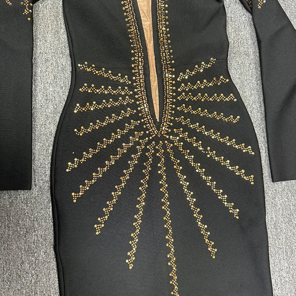 2024 Elegant Women's Light Luxury Hot Diamond Bandage Dress V-neck Long Sleeve Bodycon Long Dress Cocktail Evening Party Vestido