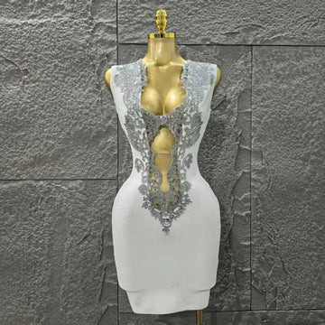 Women Sleeveless Sexy V-Neck Bodycon Mini Bandage Dress Rayon Celebrate Nightclub Party Birthday Cocktail Fashion Dress WHITE