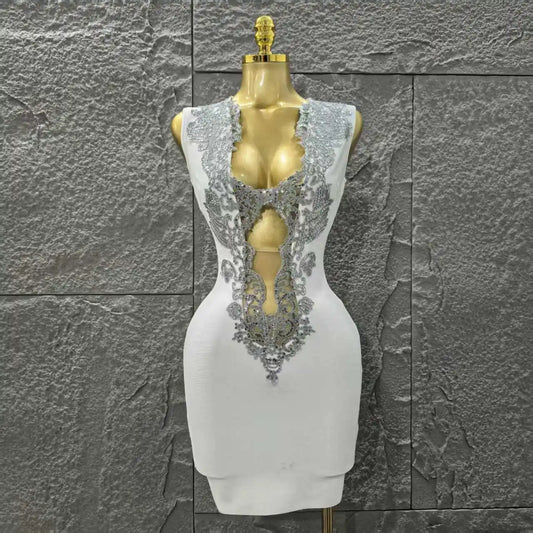 Women Sleeveless Sexy V-Neck Bodycon Mini Bandage Dress Rayon Celebrate Nightclub Party Birthday Cocktail Fashion Dress WHITE