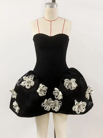 2024 Sexy Women's 3D Flower Decorative Puff Dress Strapless Sleeveless Backless A-line Mini Dress Cocktail Evening Party Vestido black