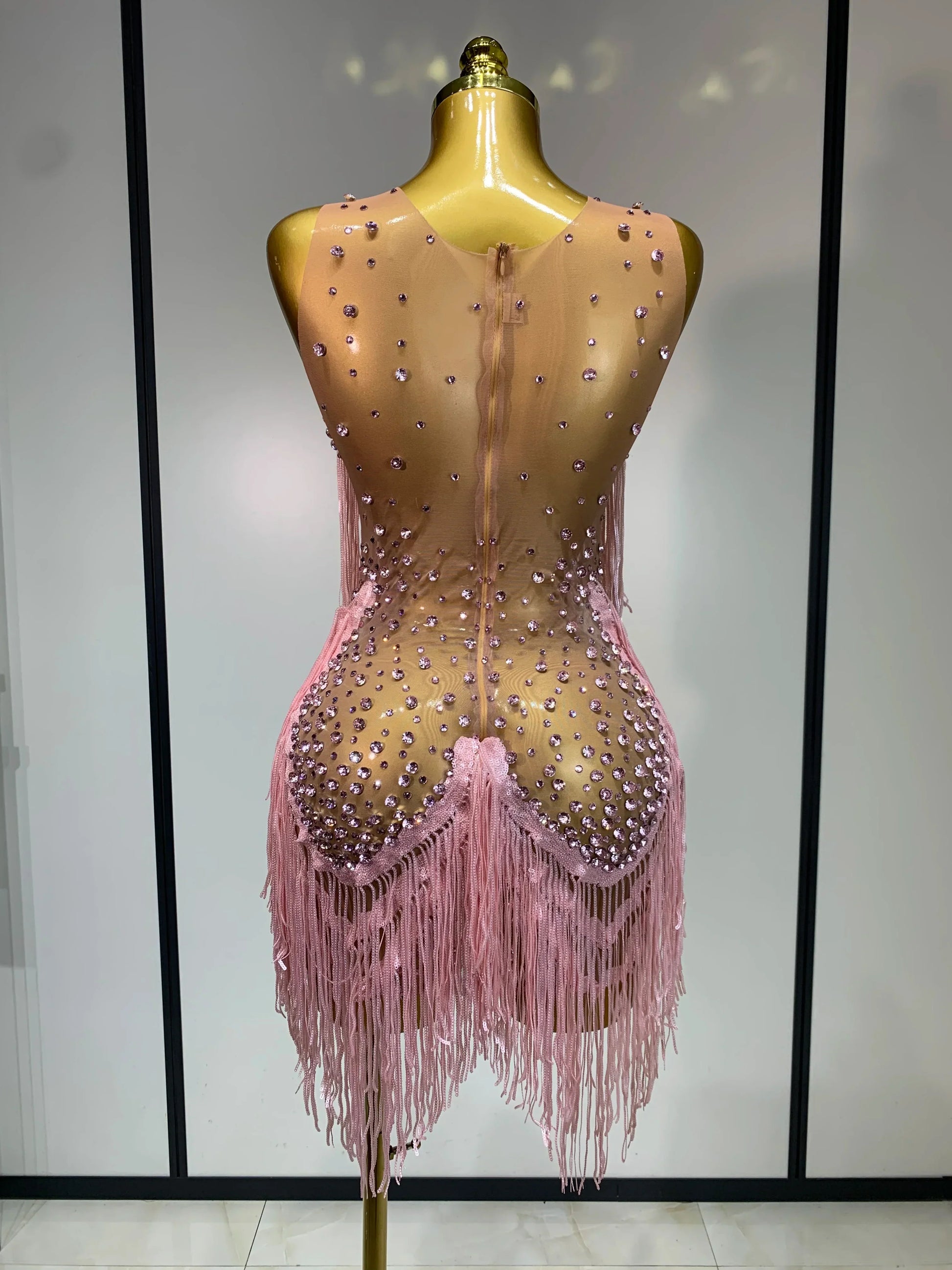 Women Sexy Transparent Long Sleeve Bodycon Dress Two Piece Set Luxury Sequin Fringes Evening Party Celebrity Performance Costume