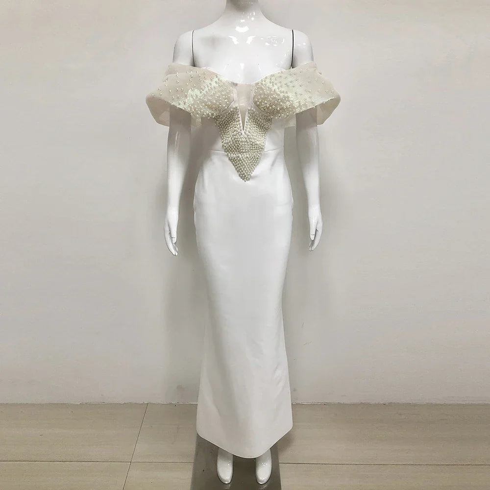 Women Sexy Pearl Beading Tight Maxi Bandage Dress Off The Shoulder Patchwork Bodycon Clothes Club Evening Party Elegant Gown APRICOT