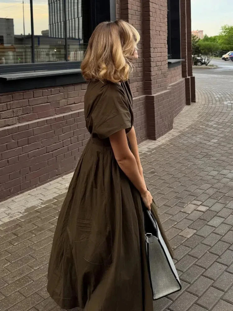 Deep V Flying Sleeve Lace Up Long Dress Women Elegant Solid Waist Cinching Pleat Evening Dresses Chic Ladies Commuting Vestidos