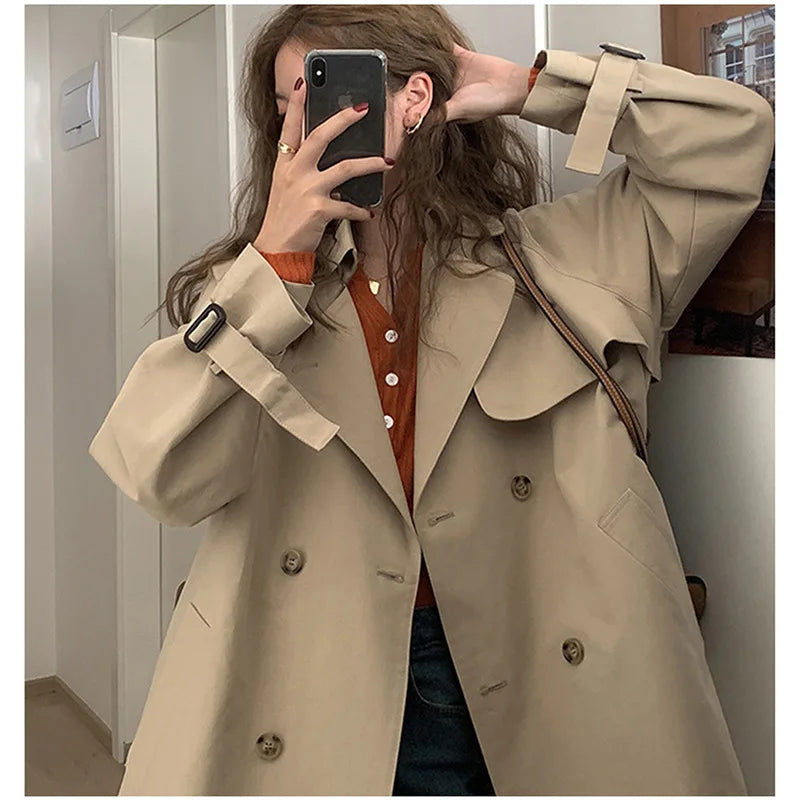 2025 Autumn Lapel Trench Coat Women Chic Casual Korean Loose Double Breasted Windbreaker Sash Overcoat Streetwear Female Jacket