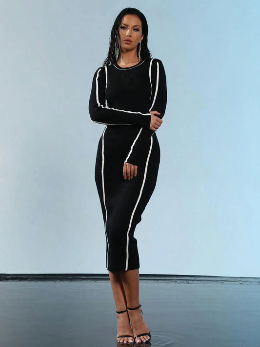 2024 Elegant Women's Hooded Knitted Dress O-neck Long Sleeve Bodycon Midi Sweater Dress Cocktail Evening Club Party Vestidos