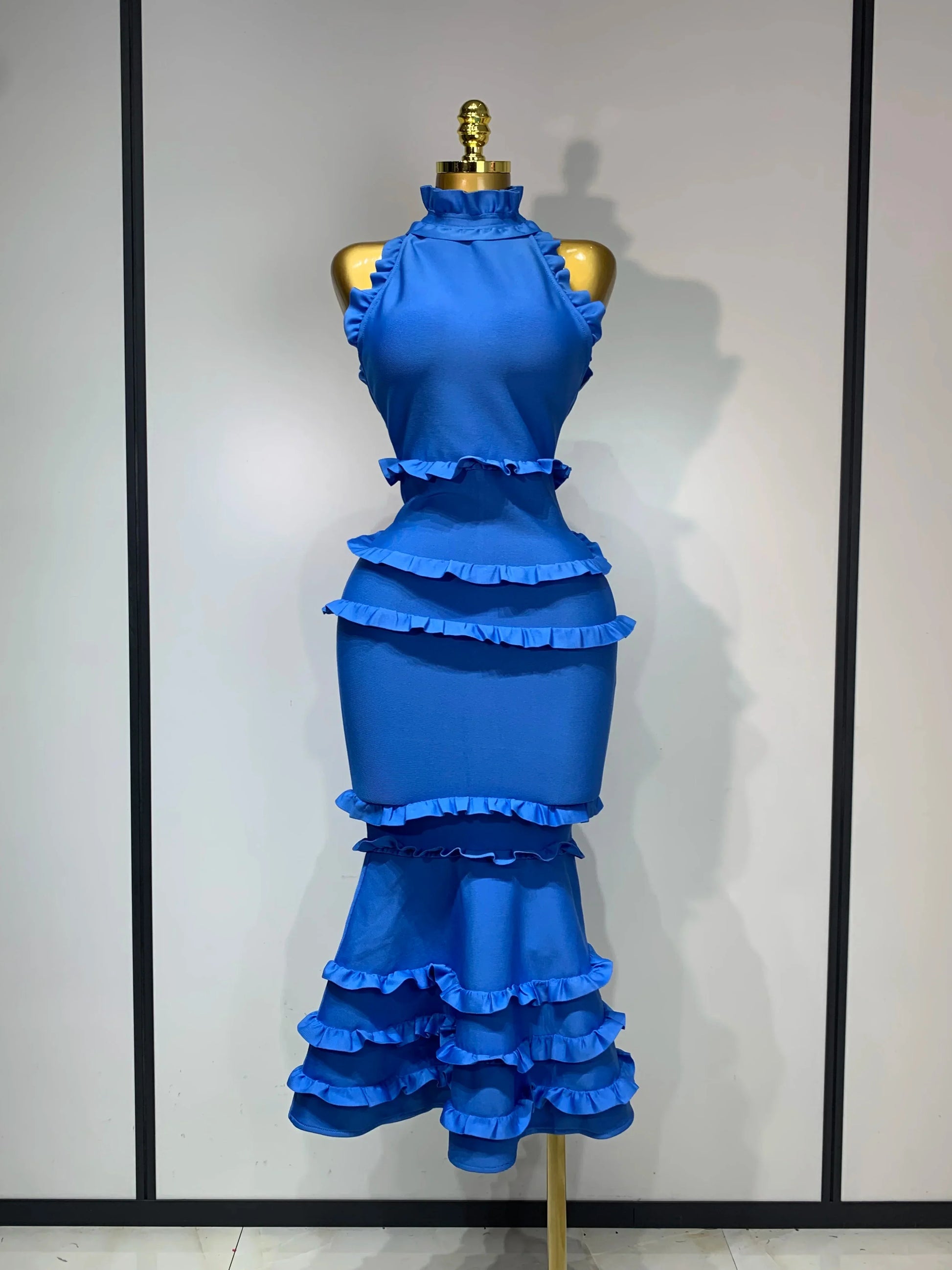 New High quality White Elagant Retro Ruched High Collar Bodycon Bandage Dress Evening Party Fashion Simple Birthday Gown Blue