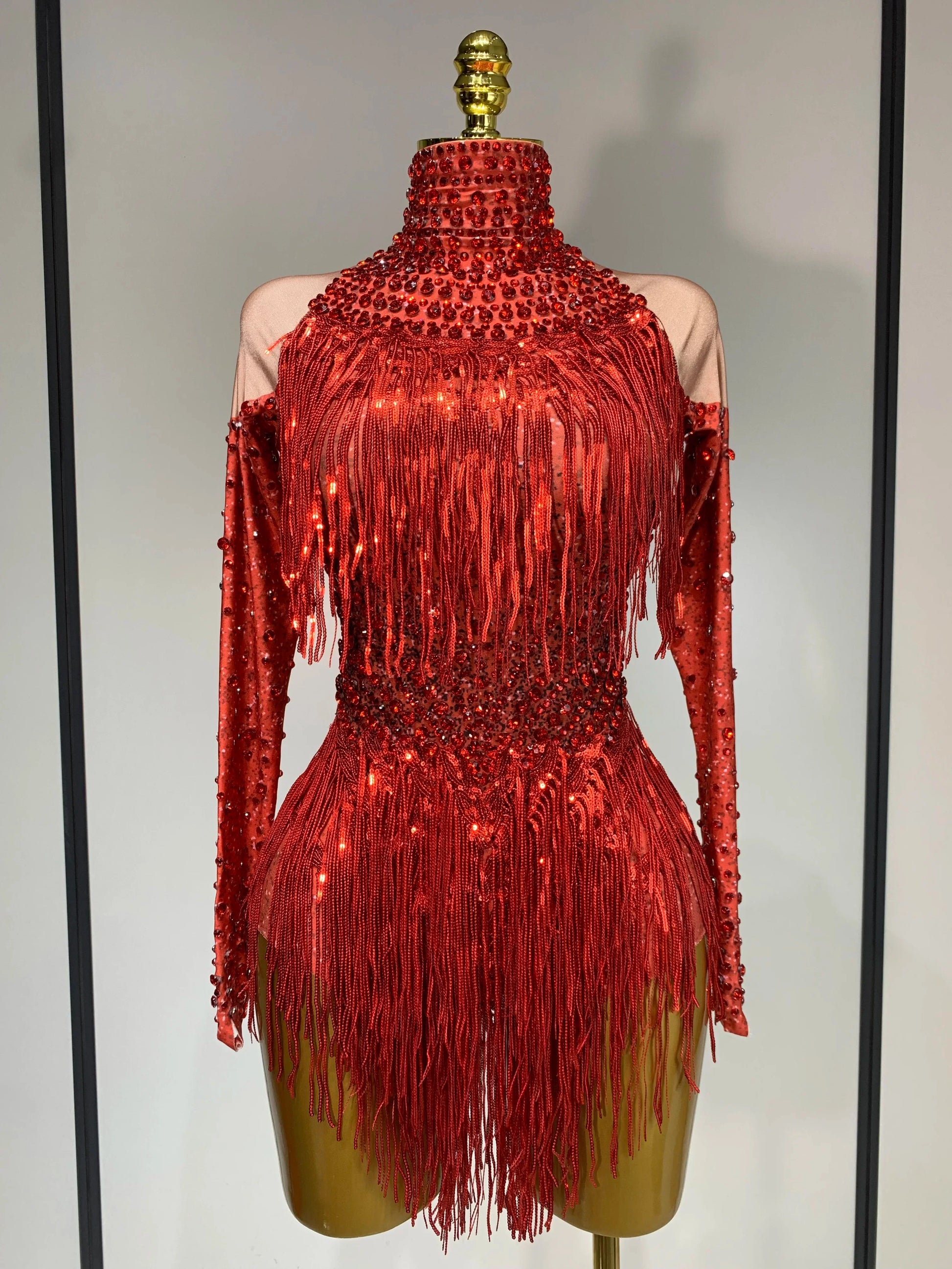 Women Sexy Purple Red Stretchy Long Sleeve Bodysuit Nightclub Singer Dancer Tassel Stage Costume Evening Party Birthday Outfit Red