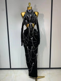Women Sparkly Diamonds Tassels Chain Sexy Halter Backless Long Dress Evening Party Birthday Celebrate Celebrity Stage Costume black