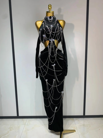 Women Sparkly Diamonds Tassels Chain Sexy Halter Backless Long Dress Evening Party Birthday Celebrate Celebrity Stage Costume black