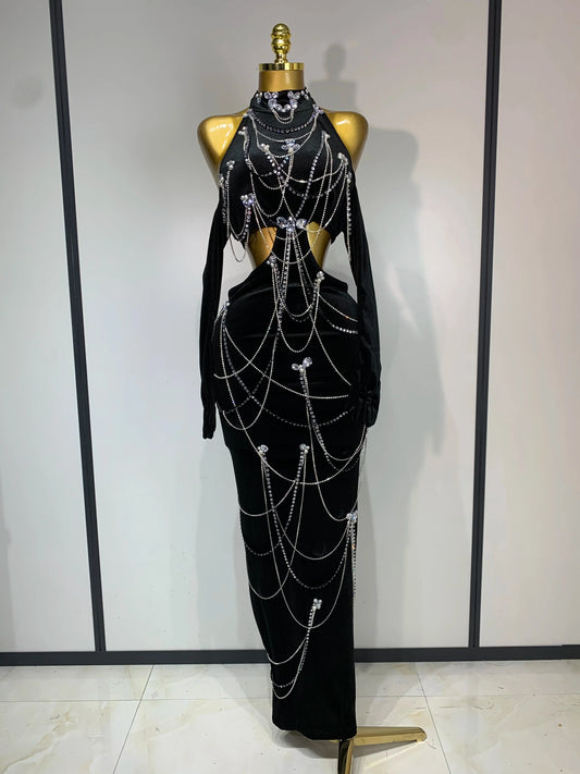 Women Sparkly Diamonds Tassels Chain Sexy Halter Backless Long Dress Evening Party Birthday Celebrate Celebrity Stage Costume black