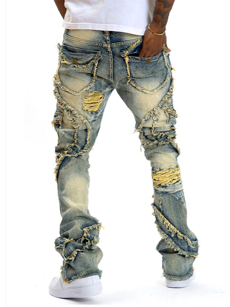 Hole Distressed Tassel Stretch Jeans Men Vintage High Waist Button Pockets Slightly Flared Denim Pants New Fashion Retro Clothes