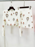 2024 Elegant Women's Light Luxury Nail Bead Short Skirt Set O-neck Long Sleeve Ultra Short Top+Mini Skirt Two piece Set WHITE