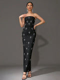 2024 Sexy Women'S Light Luxury Rhinestone Bandage Dress Strapless Sleeveless Bodycon Backless Long Dress Christmas Party Vestido black