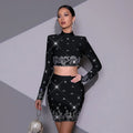 Modphy Black Yellow Rhinestone Bandage Two-Piece Set Women Long Sleeve Sexy Short Tops Bodycon Skirt Mini Sets Fashion Outfit black
