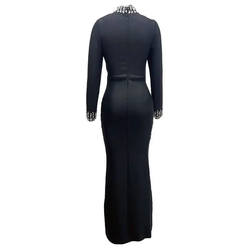 New Winter Style Women Long Sleeve Sexy Mesh Sparkly Crystal Bodycon Long Bandage Dress Fashion Celebrate Evening Party Dress