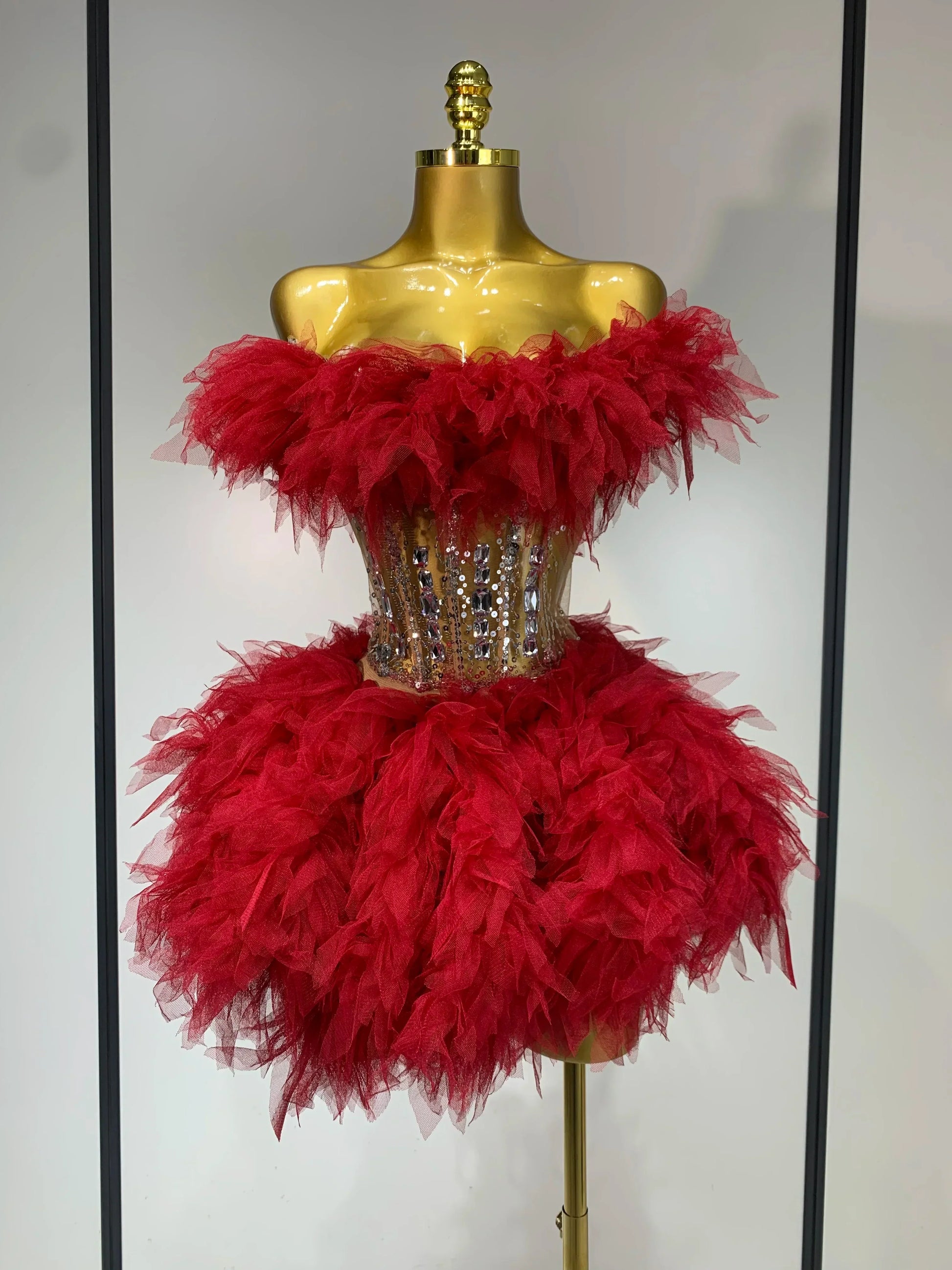 Women Sexy Strapless Mesh Two Pieces Set Celebrity Nightlcub Party Photo Shoot Outfit Prom Gown Luxury Birthday Dresses Red