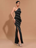2025 Elegant Women's Hot Diamond Bandage Dress with Diagonal Collar, One Shoulder, Long Sleeve Bodycon Black Long Dress Vestidos