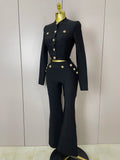 Golden Buttons Short Coat Top And Flare Pants Bandage 2 Pieces Set Woman Celebrity Evening Party Vestidos