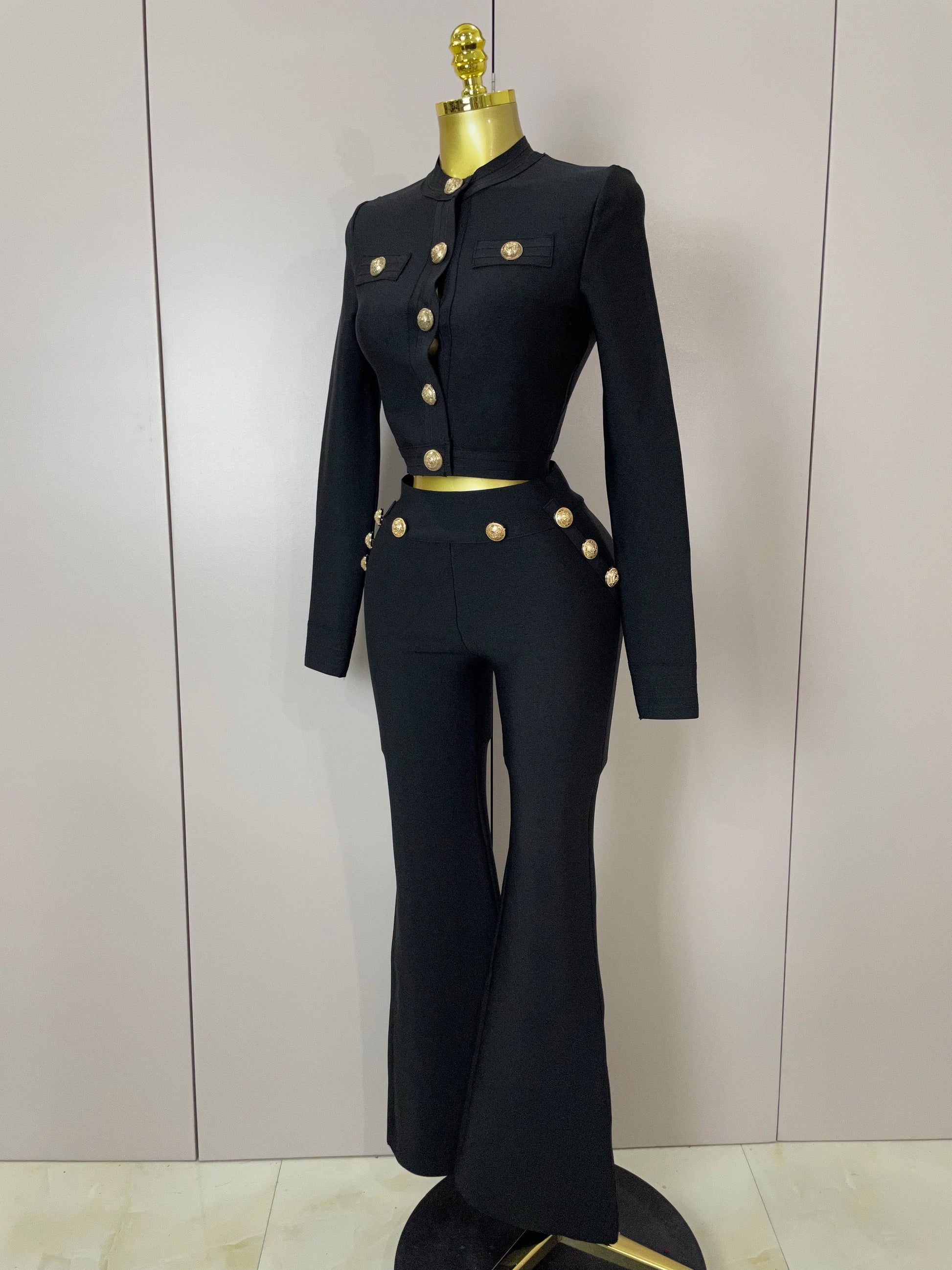 Golden Buttons Short Coat Top And Flare Pants Bandage 2 Pieces Set Woman Celebrity Evening Party Vestidos