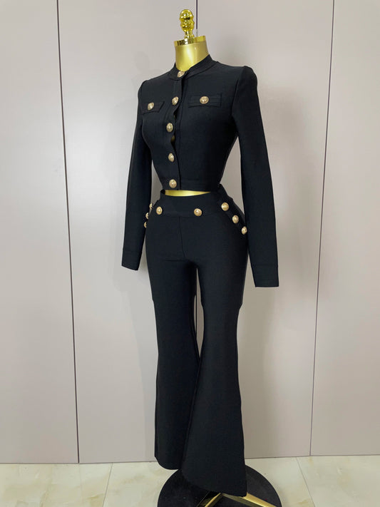 Golden Buttons Short Coat Top And Flare Pants Bandage 2 Pieces Set Woman Celebrity Evening Party Vestidos
