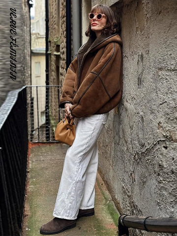 Women's Winter Coat Hooded Leather Patchwork Loose Fitting Bomber Jackets Autumn 2025 Female Long Sleeve Coats Ladies Outerwears