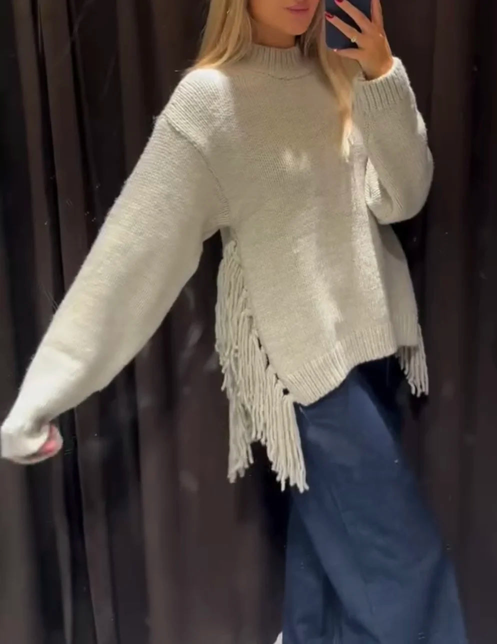 New Women's Loose And Fashionable Striped Tassel Long Sleeved Round Neck Knitted Sweater With European And American Style