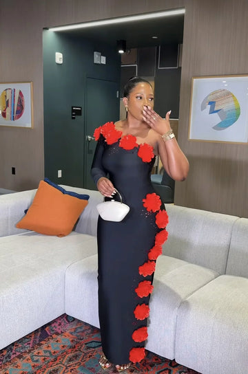 Women Sexy One Shoulder Long Sleeve Red Florlas Rhinestones Bodyocn Long Bandage Dress Nightclub Party Celebrate Birthday Wear