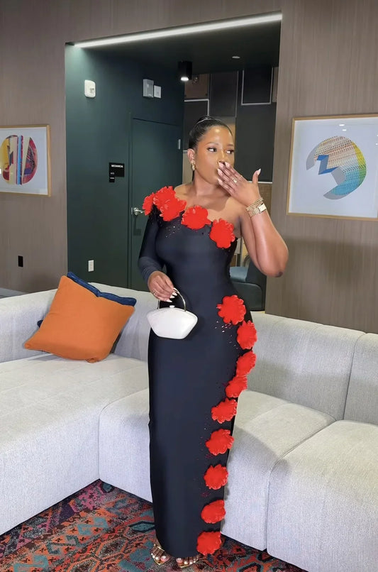 Women Sexy One Shoulder Long Sleeve Red Florlas Rhinestones Bodyocn Long Bandage Dress Nightclub Party Celebrate Birthday Wear