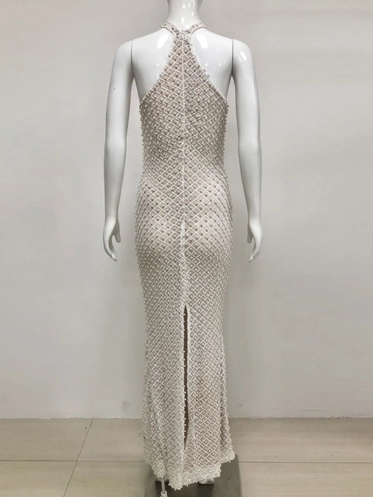 Spring Sexy Women's Light Luxury Nail Bead Design Maxi Dress O-Neck Sleeveless Bodycon Tail Long Dress Club Party Vestidos