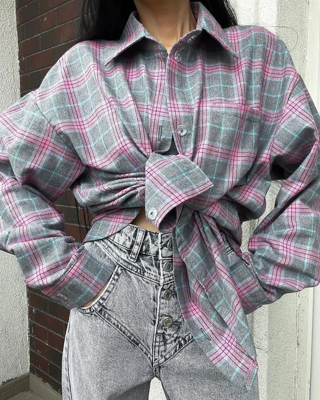 Vintage Plaid Loose Blouse Women Spring Summer Fashion Korean Lapel Single Breasted Shirt Y2K Clothes Long Sleeve Top Streetwear