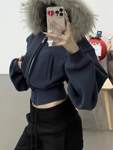 American Retro Fur Collar Slim Fit Cropped Jacket Women Zip Up Long Sleeve Hooded Shirt Streetwear Y2K Black Hoodies Sweatshirts