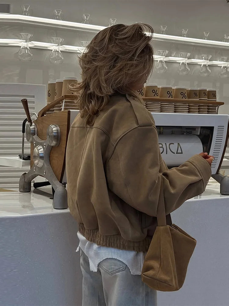 Suede Long Sleeve Bomber Jacket Women Street Turn-down Collar Epaulet Long Sleeve Ruched Loose Autumn Winter Coats New Outerwear