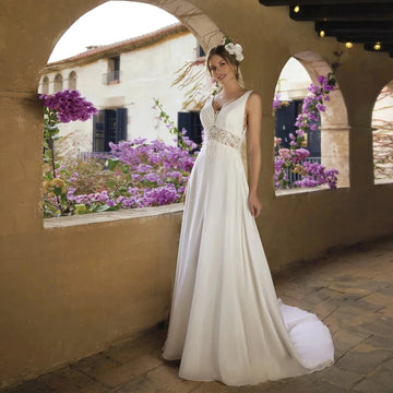 Classic Spaghetti Straps Wedding Dress 2026 A Line Bridal Grown V Neck Chiffon Applique Lace Sequined Illusion Vestidos De Novia