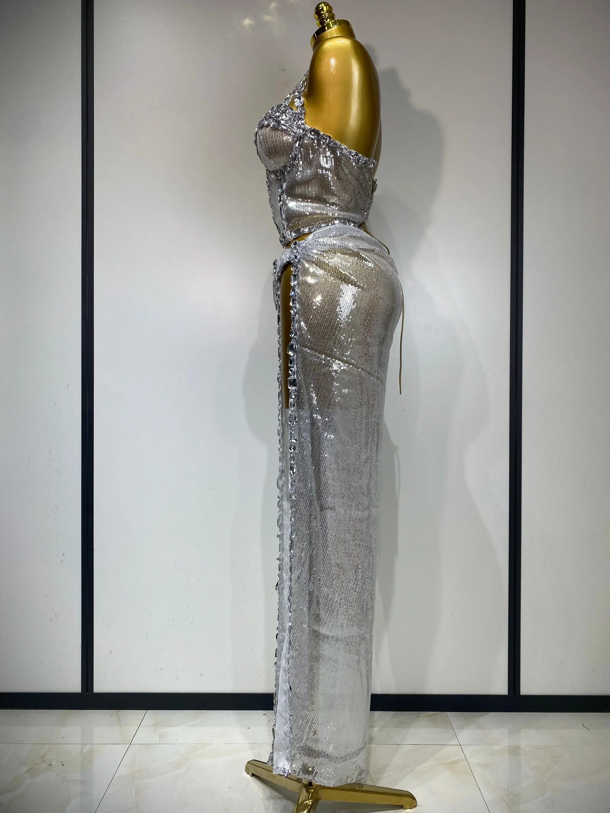 Women Sparkly Silver Rhinestones Top Long Skirt Two Pieces Set Singer Dancer Performance Costume Nightclub Stage Wear