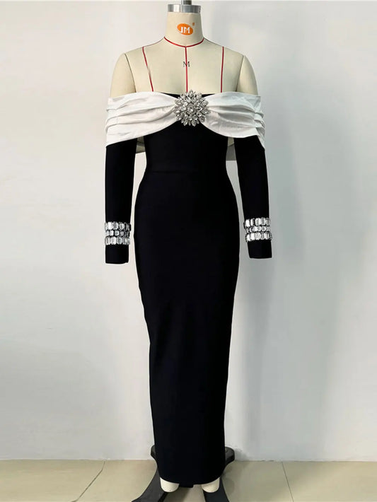 2024 Sexy Women's Light Luxury Patchwork Nail Diamond Design Bandage Dress One Collar Shoulder Long Sleeve Bodycon Long Dresses