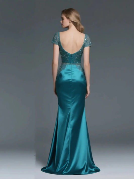 Mother Of The Bride Gown - Elegant Mermaid Mother of the Bride Dress Sparkle V Neck Short Sleeves Satin Appliques Wedding Guest Gown 2025 Free Customized