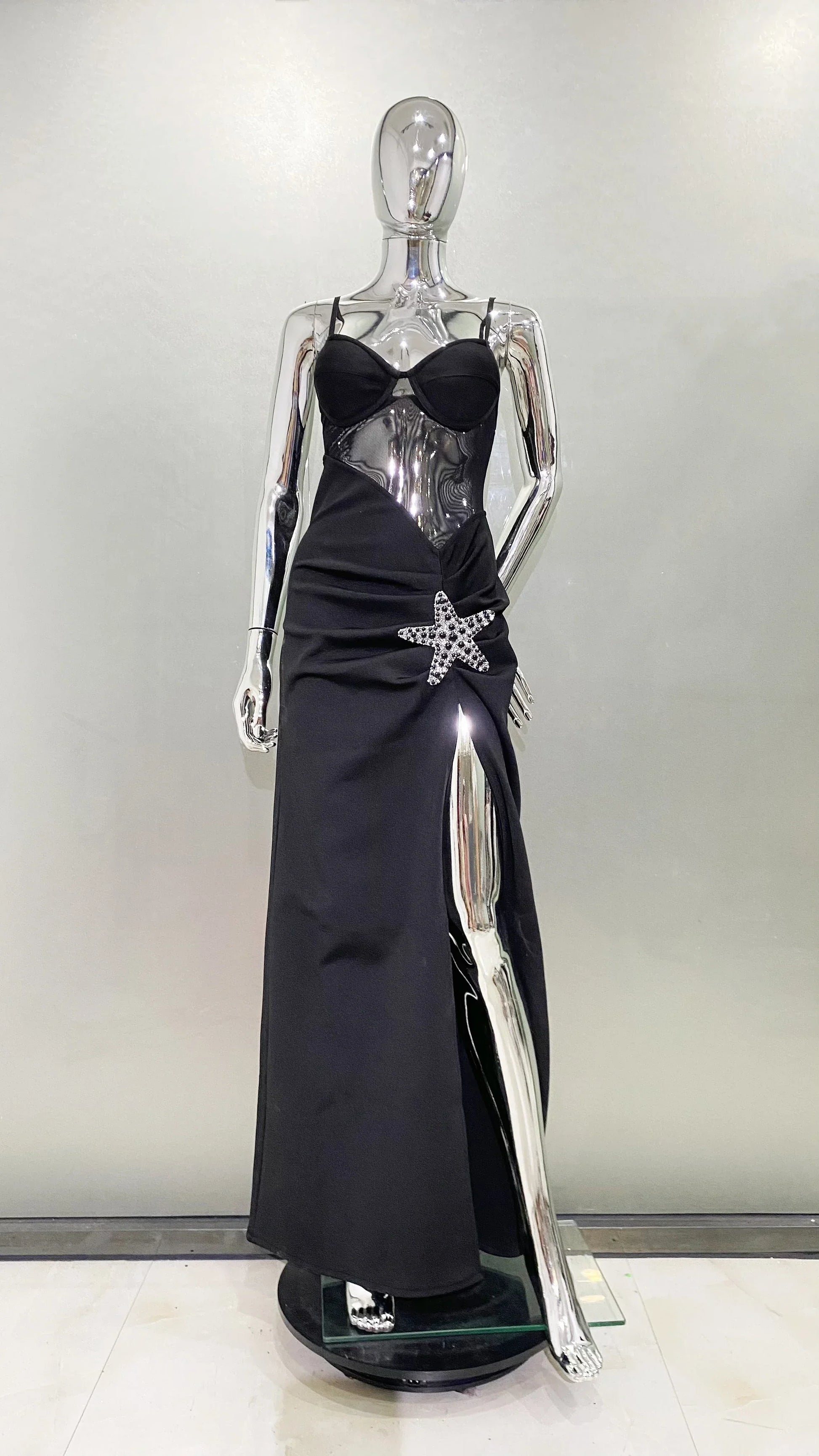 2024 Starfish Sexy See Through Mesh Patchwork Bandage Spaghetti Strap Floor Length Dress Evening Dress Celebrity Party Outfit black