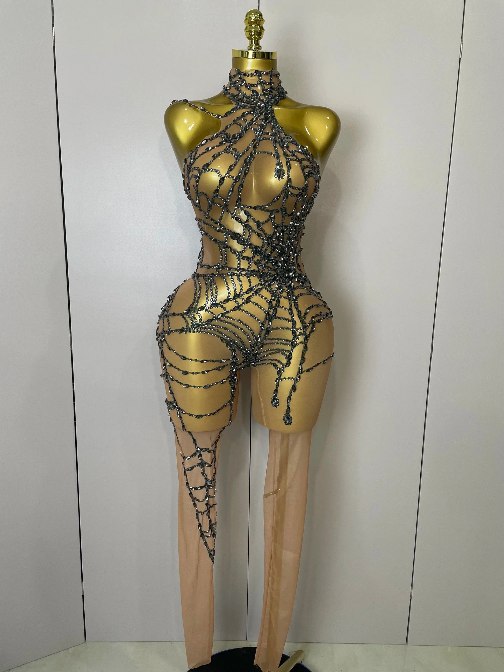 Women Sparkly Diamond Sexy Mesh Jumpsuit Nightclub Bar Party Show Gogo Dancer Clothing Drag Queen Outfit Stage Costume Nude