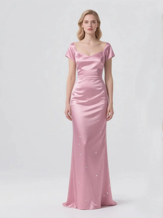 Mother Of The Bride Dress - Elegant Modern Mermaid V Neck Satin Mother of the Bride Dress Short Sleeves Sequin Sweep Train Formal Evening Gown 2025 Free Cus Pink